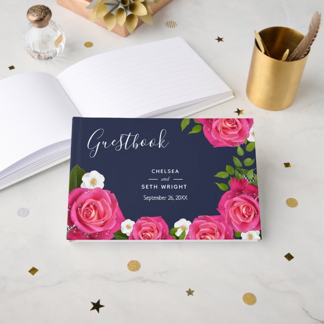 Midnight Blue and Pink Rose Wedding Guest Book (Front Open)