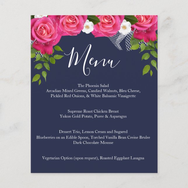 Midnight Blue and Pink Rose Wedding - Menu (Front)