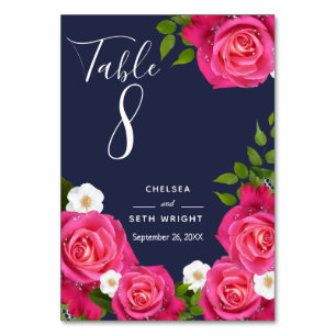 Midnight Blue and Pink Rose Wedding - Table Number