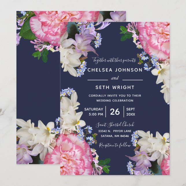 Midnight Blue and Pink Spring Floral Wedding Invitation (Front/Back)
