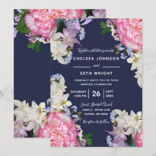 Midnight Blue and Pink Spring Floral Wedding Invitation
