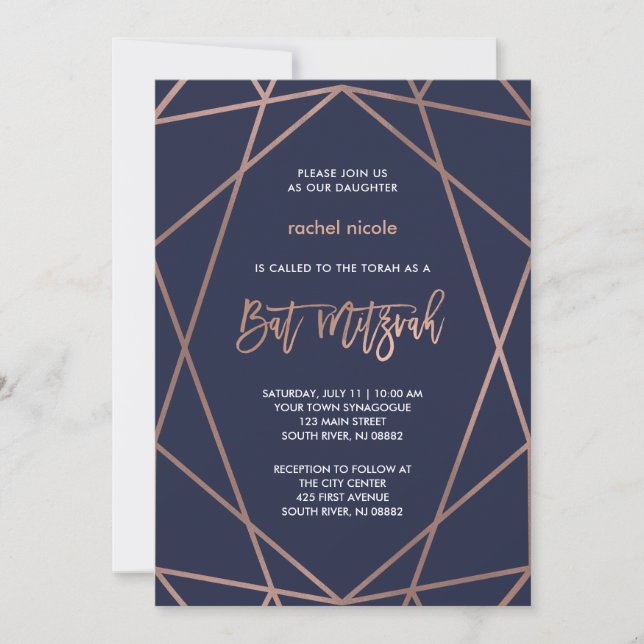 Midnight Blue and Rose Gold Geometric Bat Mitzvah Invitation (Front)