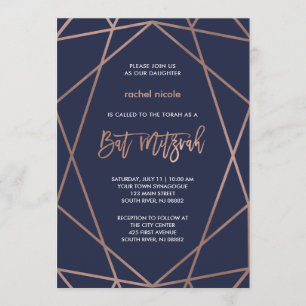 Midnight Blue and Rose Gold Geometric Bat Mitzvah Invitation