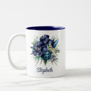 Midnight Blue and Teal Floral Custom Name Mug