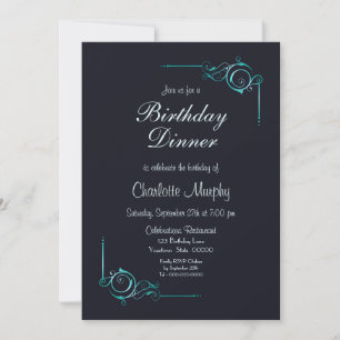 Midnight Blue and Turquoise Birthday Dinner Invite