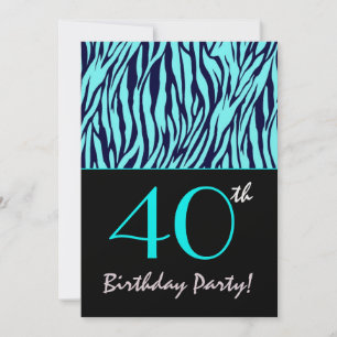 Midnight Blue and Turquoise Zebra - 40th Birthday Invitation