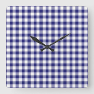 Midnight Blue And White Checked Gingham Pattern Square Wall Clock