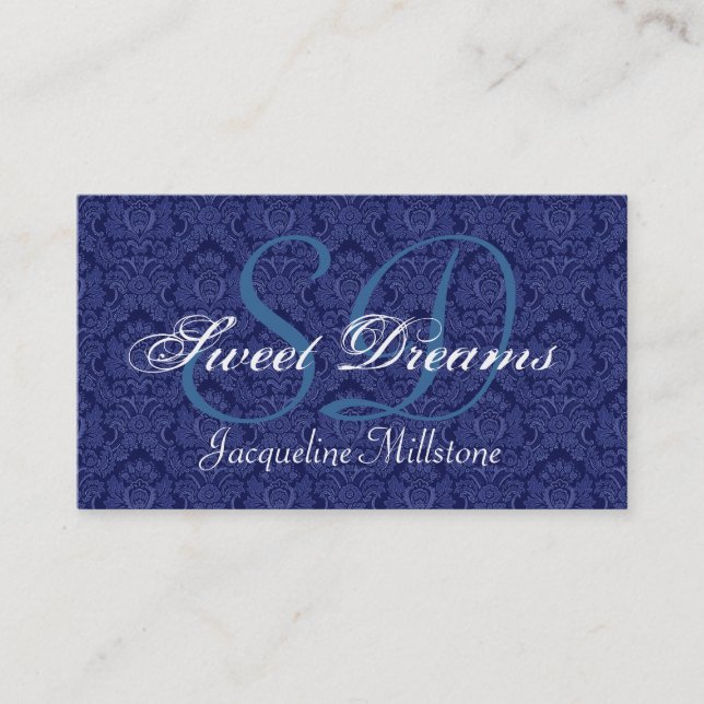 Midnight Blue and White Damask Custom Monogram Business Card (Front)