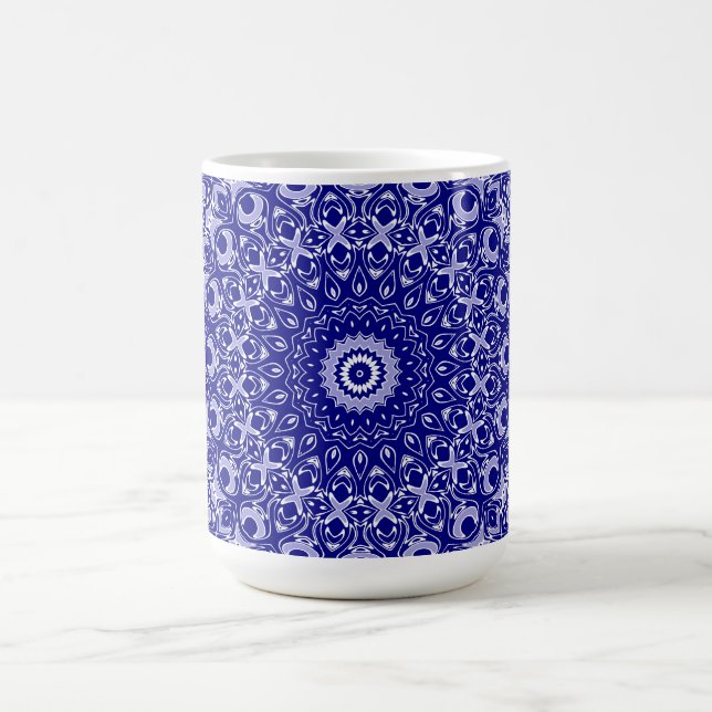Midnight Blue and White Mandala Pattern Coffee Mug (Center)
