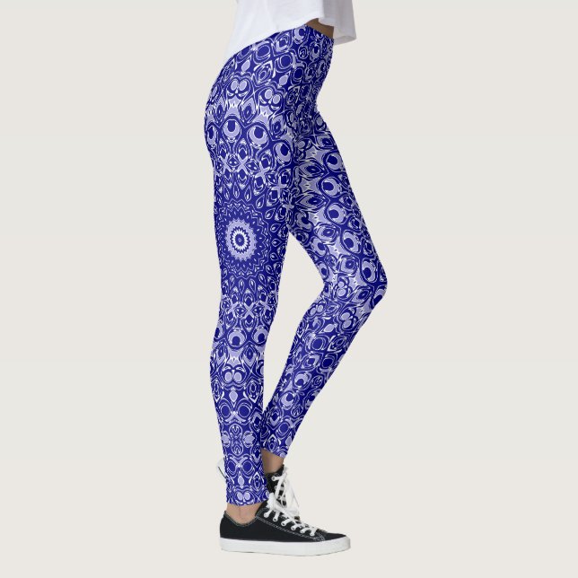 Midnight Blue and White Mandala Pattern Leggings (Right)