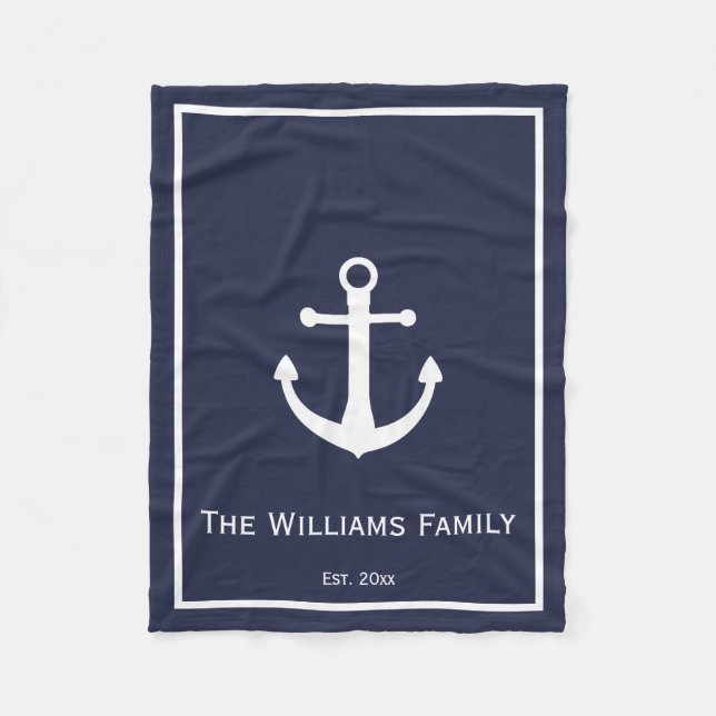 Midnight Blue and White Nautical Anchor Fleece Blanket (Front)