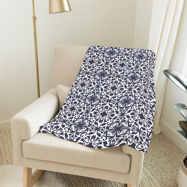 Midnight Blue and White Spanish Tile Pattern Fleece Blanket (Creator Uploaded)