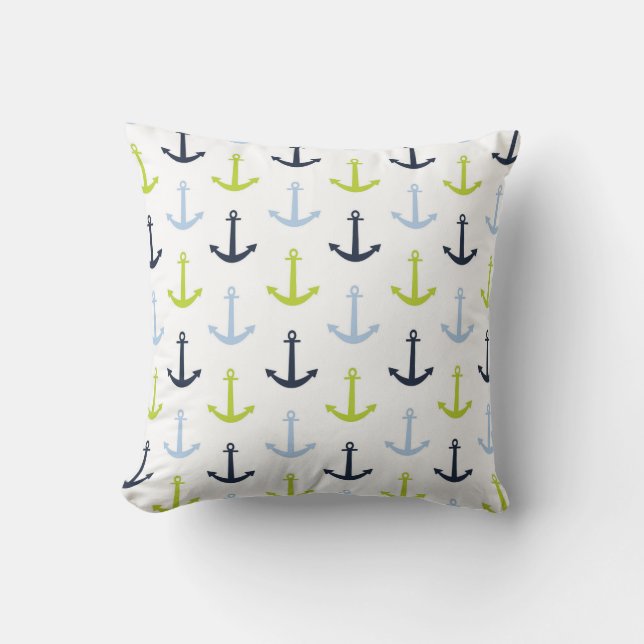 Midnight Blue, Baby Blue, Lime Green Anchors Cushion (Front)