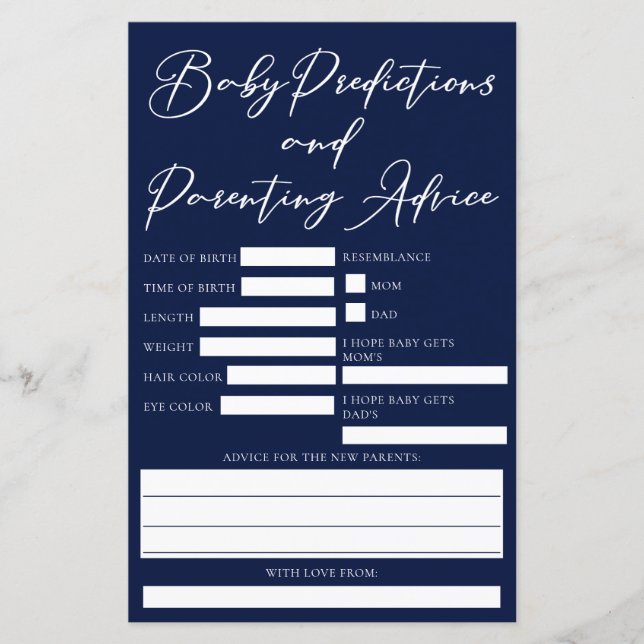 Midnight Blue Baby Shower Predictions Advice Card (Front)