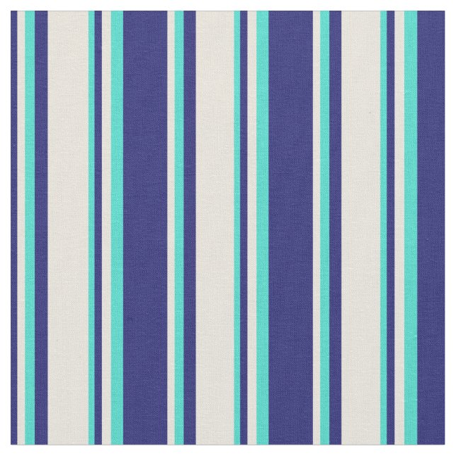 Midnight Blue, Beige & Turquoise Striped Pattern Fabric (Close Up)