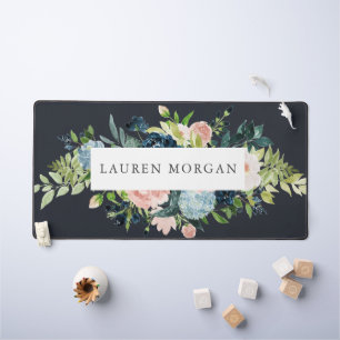midnight blue blush floral elegant desk mat