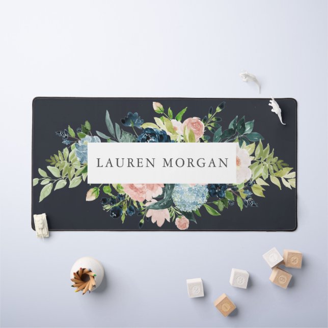midnight blue blush floral elegant desk mat (Kids Table)