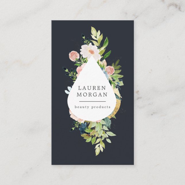 midnight blue blush floral gold border business card (Front)
