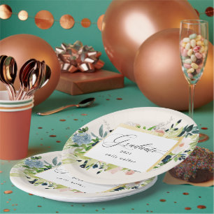 Midnight Blue Blush Floral Graduation Paper Plate