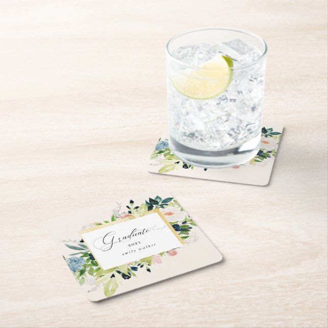 Midnight Blue Blush Floral Graduation Square Paper Coaster (Insitu)