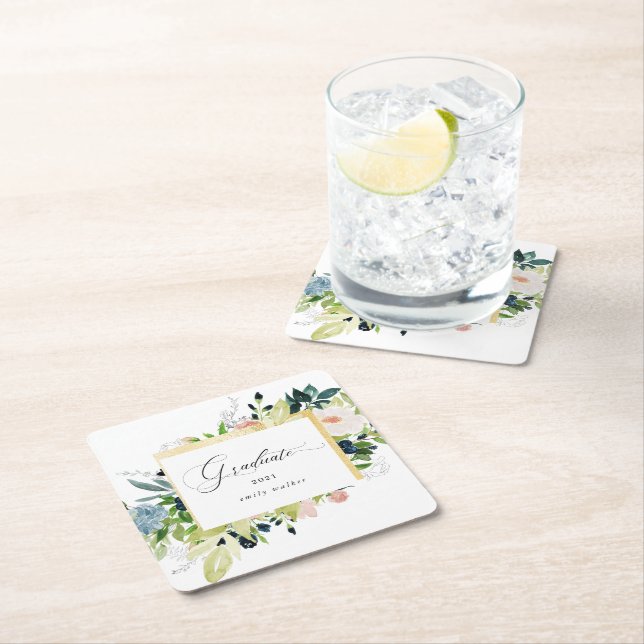 Midnight Blue Blush Floral Graduation Square Paper Coaster (Insitu)