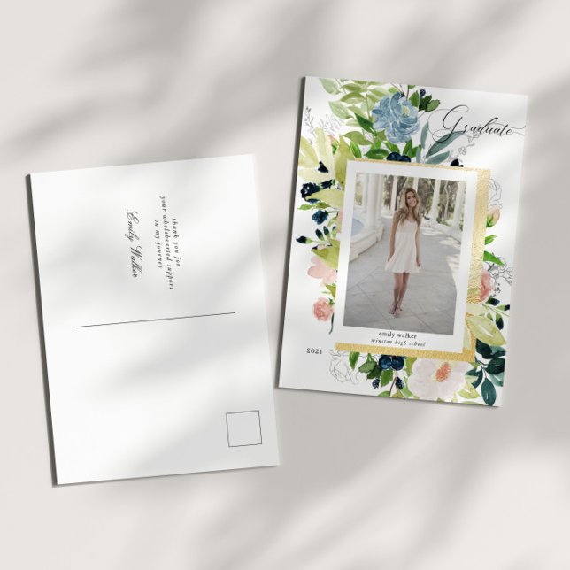 Midnight Blue Blush Floral Photo Graduation Announcement Postcard (Creator Uploaded)