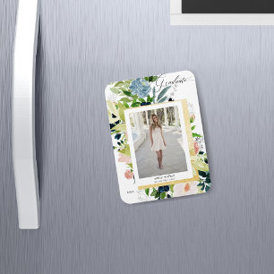 midnight blue blush floral Photo Graduation Card Magnet