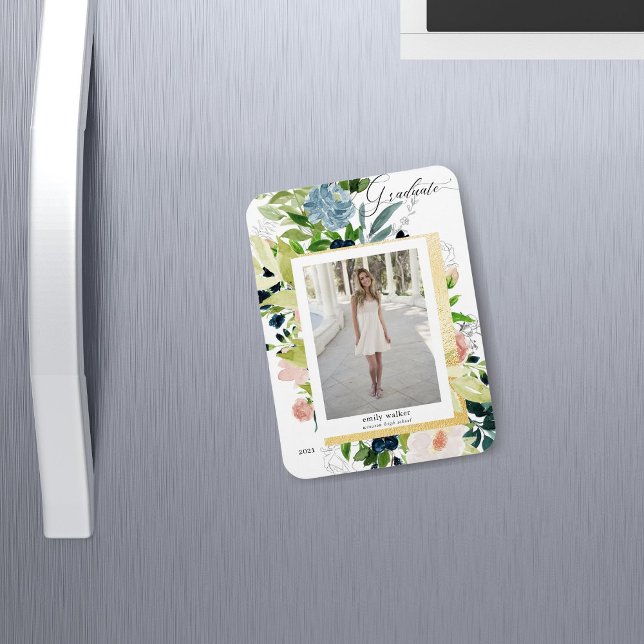 midnight blue blush floral Photo Graduation Card Magnet (Creator Uploaded)