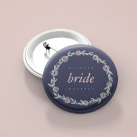 Midnight Blue, Blush Pink and Sage Bride 6 Cm Round Badge<br><div class="desc">Identify the key players at your bridal shower -- especially the bride! -- with our elegant,  sweetly chic floral buttons. Design features a midnight blue background and a wreath of pale blush pink flowers and sage green leaves,  and "Bride" in coordinating pastel pink italic lettering.</div>