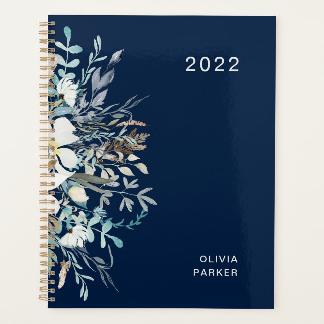 Midnight Blue Botanical Floral Planner (Front)