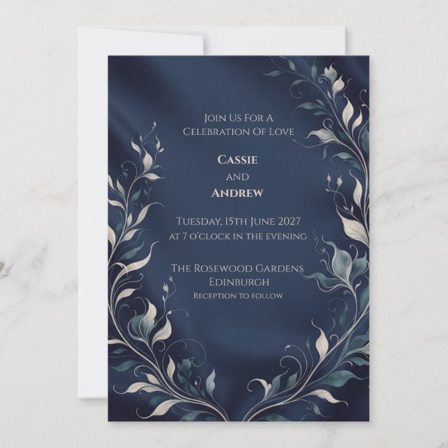 Midnight Blue Botanical Wreath Wedding Invitation (Front)