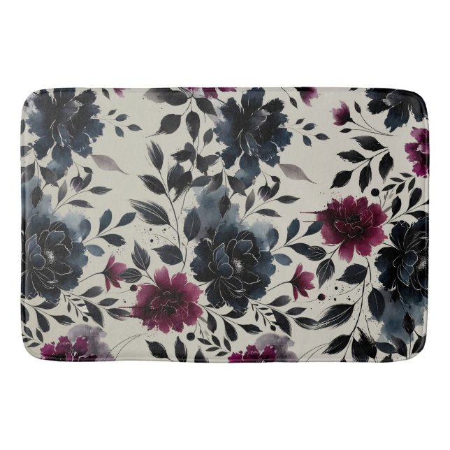 Midnight Blue Burgundy Inky Floral Almond Beige Bath Mat (Front)