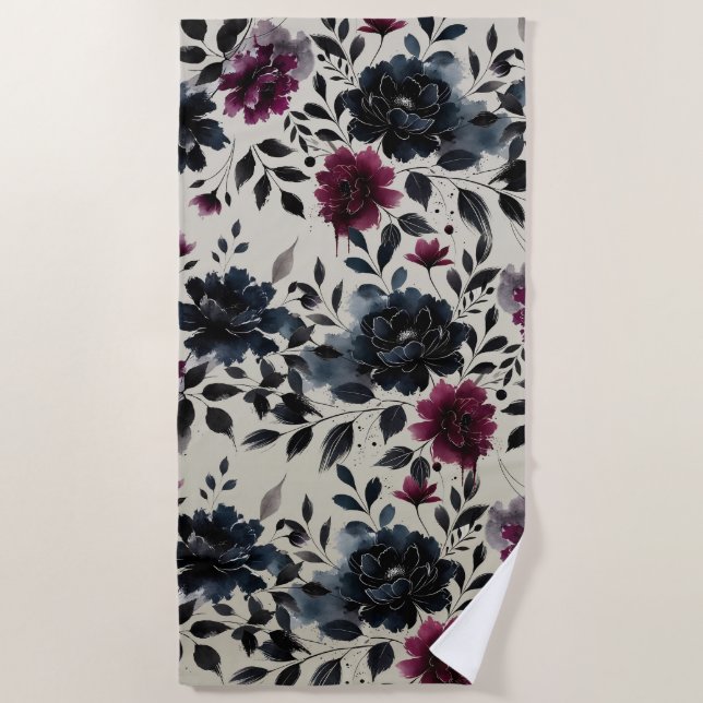 Midnight Blue Burgundy Inky Floral Almond Beige Beach Towel (Front)