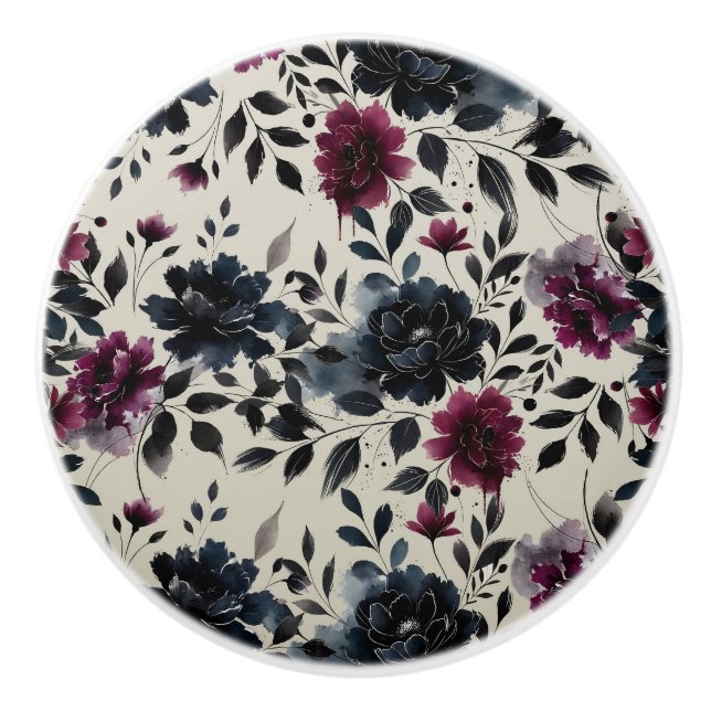 Midnight Blue Burgundy Inky Floral Almond Beige Ceramic Knob (Front)