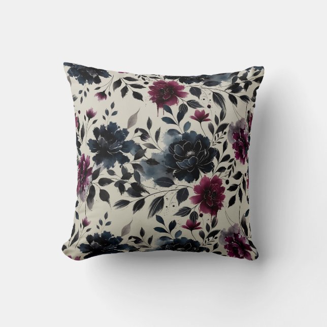 Midnight Blue Burgundy Inky Floral Almond Beige Cushion (Front)