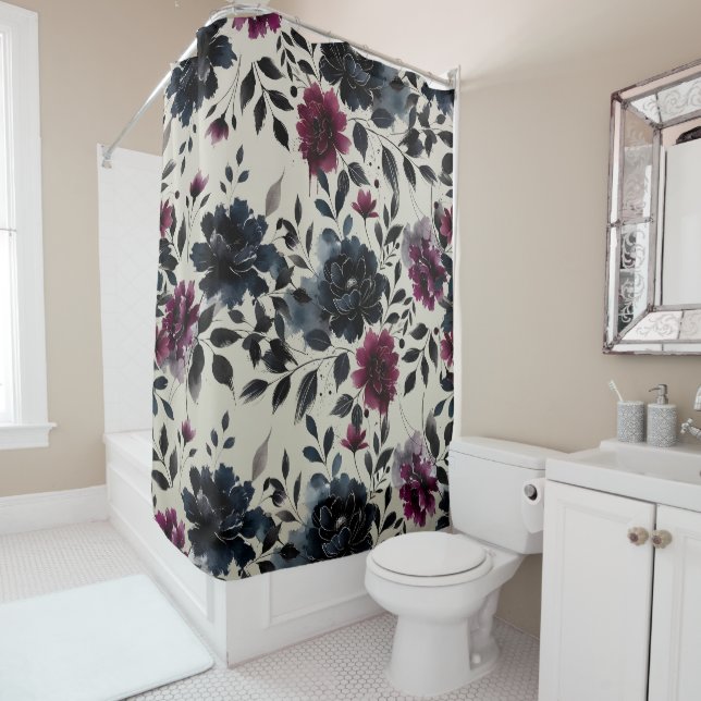 Midnight Blue Burgundy Inky Floral Almond Beige Shower Curtain (In Situ)