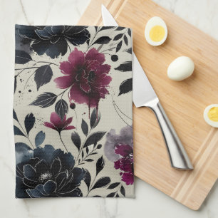 Midnight Blue Burgundy Inky Floral Almond Beige Tea Towel