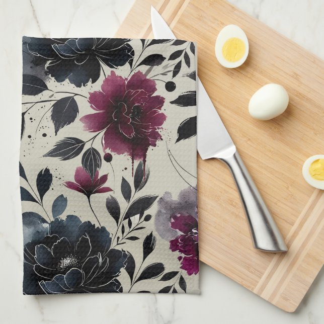 Midnight Blue Burgundy Inky Floral Almond Beige Tea Towel (Quarter Fold)