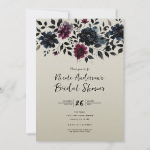 Midnight Blue Burgundy Inky Floral Almond Bridal  Invitation