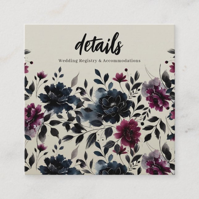 Midnight Blue Burgundy Inky Floral Almond Details Square Business Card (Front)