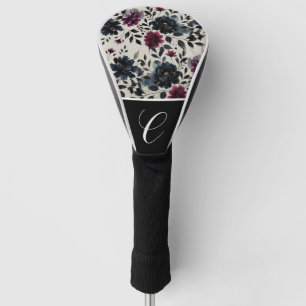 Midnight Blue Burgundy Inky Floral Almond  Golf Head Cover