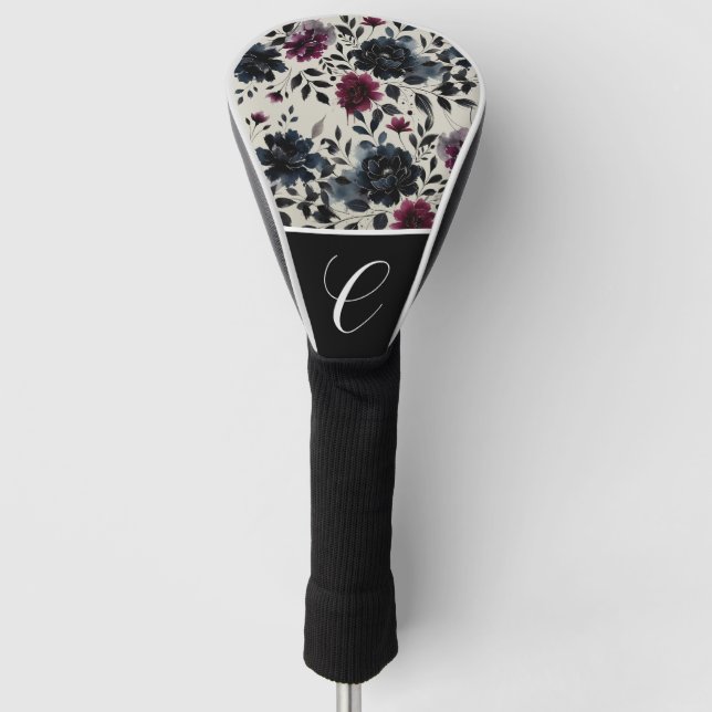 Midnight Blue Burgundy Inky Floral Almond  Golf Head Cover (Front)