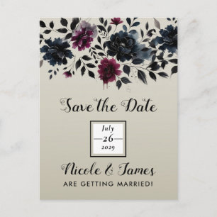 Midnight Blue Burgundy Inky Floral Almond Wedding Announcement Postcard