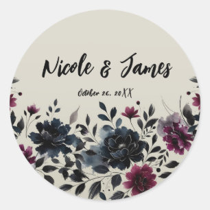 Midnight Blue Burgundy Inky Floral Almond Wedding Classic Round Sticker