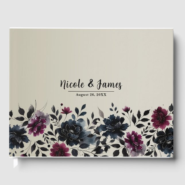 Midnight Blue Burgundy Inky Floral Almond Wedding Guest Book (Front)