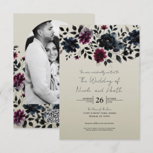 Midnight Blue Burgundy Inky Floral Almond Wedding Invitation
