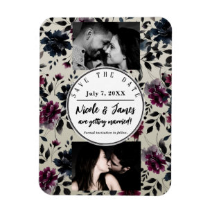 Midnight Blue Burgundy Inky Floral Almond Wedding Magnet
