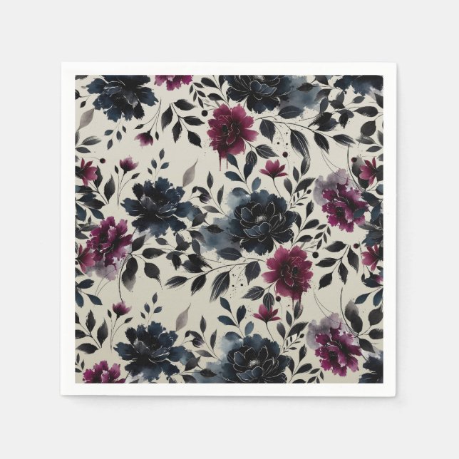 Midnight Blue Burgundy Inky Floral Almond Wedding Napkin (Front)