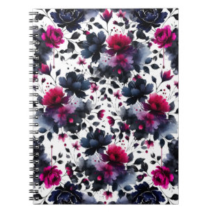Midnight Blue Burgundy Inky Floral Almond Wedding Notebook