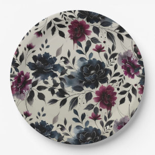 Midnight Blue Burgundy Inky Floral Almond Wedding Paper Plate